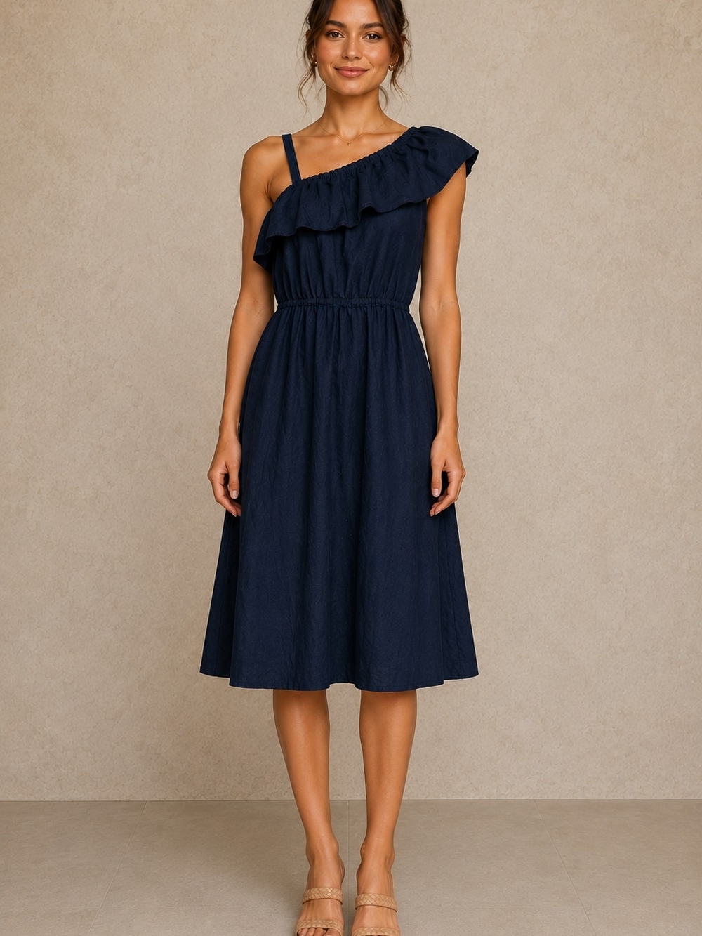 Navy Blue One-Shoulder Ruffle Dress | Viscose Linen Blend